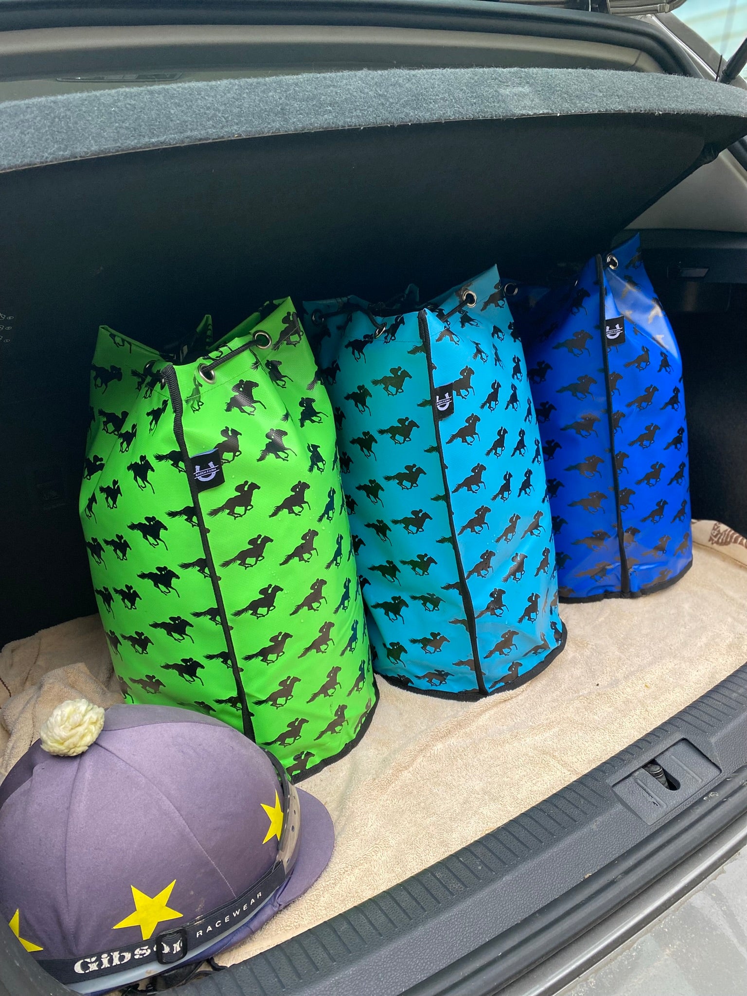 Colourful bags with horse patterns organising a car boot